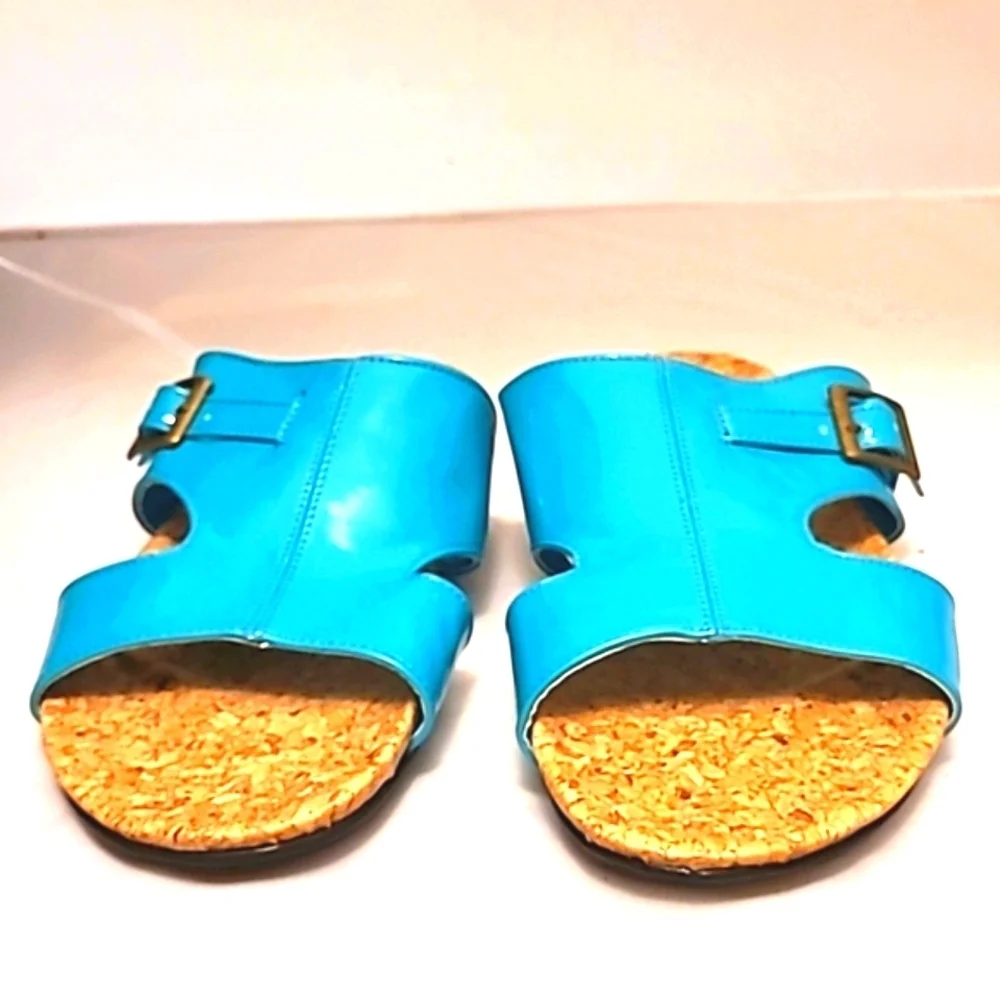 Slides Sandals Turquoise blue brass buckle patent vegan leather EUC
